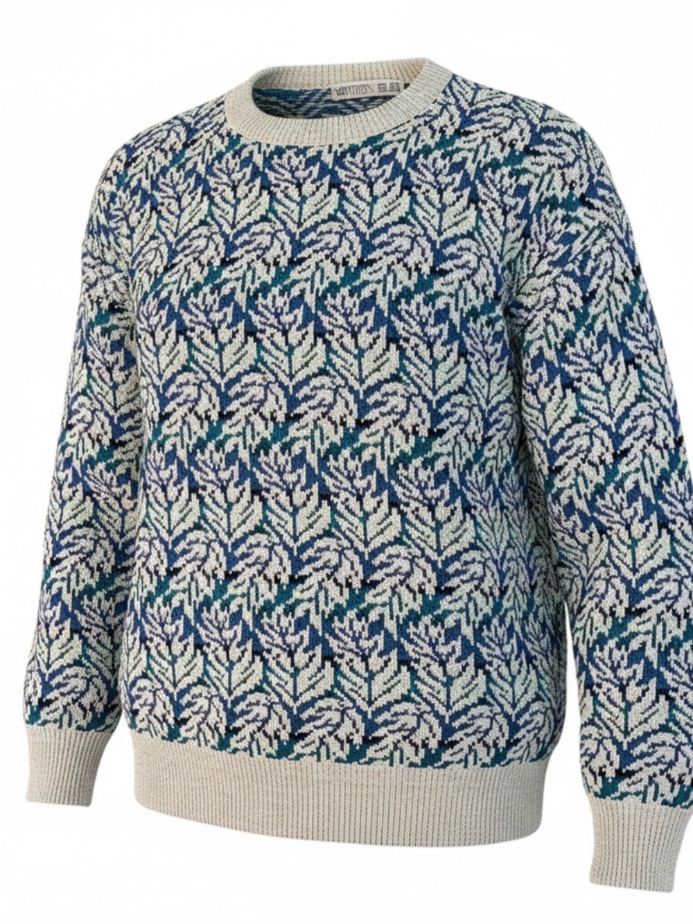 Vintage Women's Blue Leaf Jacquard Crewneck Sweater. Size Medium. Grandpa Core